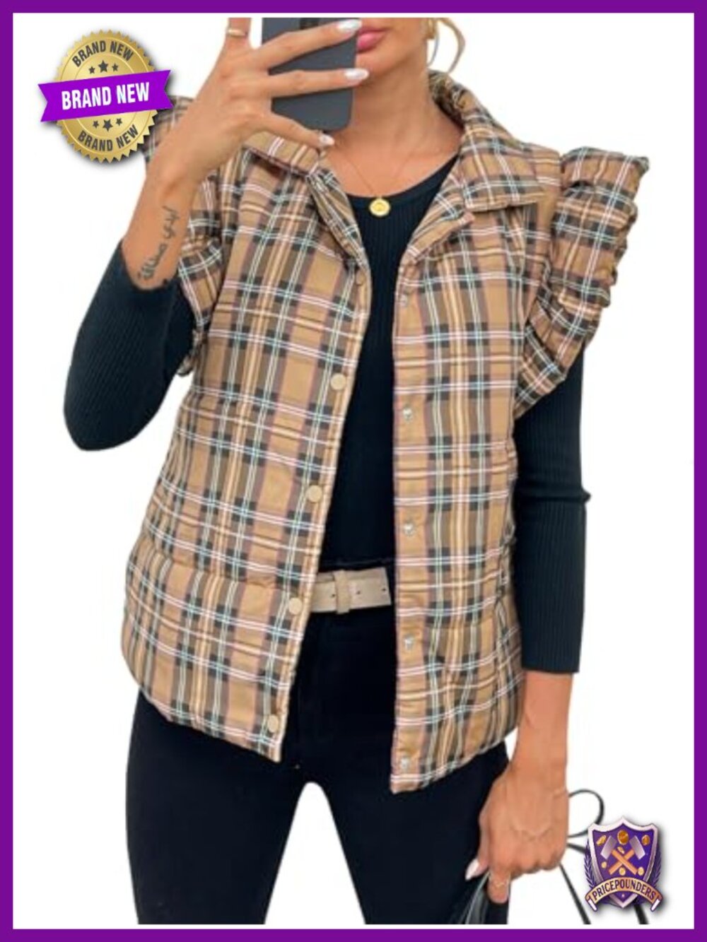 Women's Plaid Quilted Puffer Vest Ruffle Sleeveless Button Down